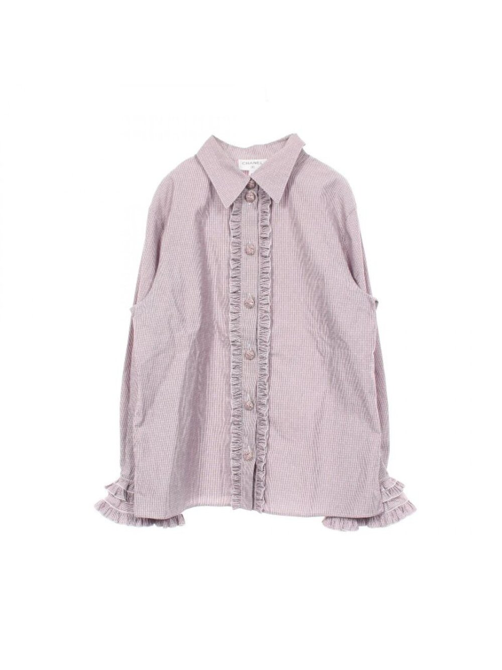 Chanel Blouse Logo Button Stripe Ruffle Light Purple Cotton
